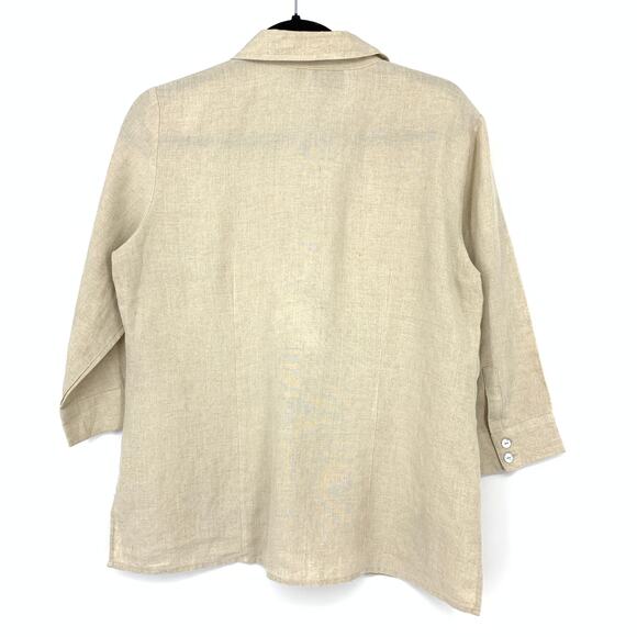 Richard Malcolm Irish Linen Button Front Shirt Womens M Beige Embroidered Floral - Picture 2 of 6